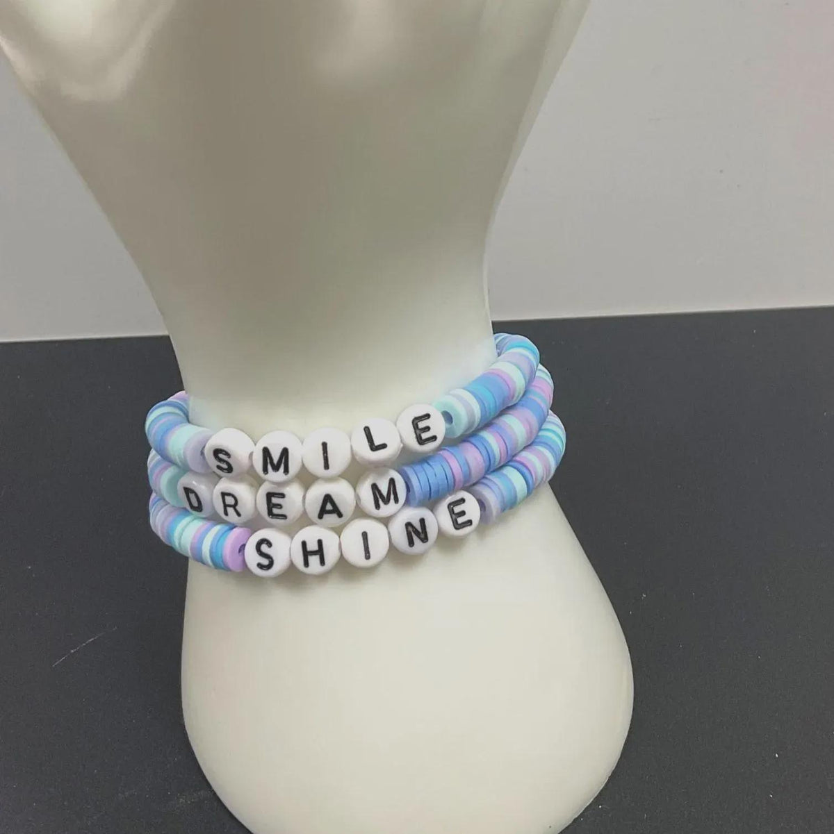 Smile Dream Shine Clay Bead bracelet stack, three bracelets, blue and purple beads