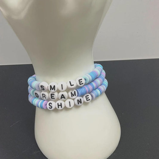 Smile Dream Shine Clay Bead bracelet stack, three bracelets, blue and purple beads