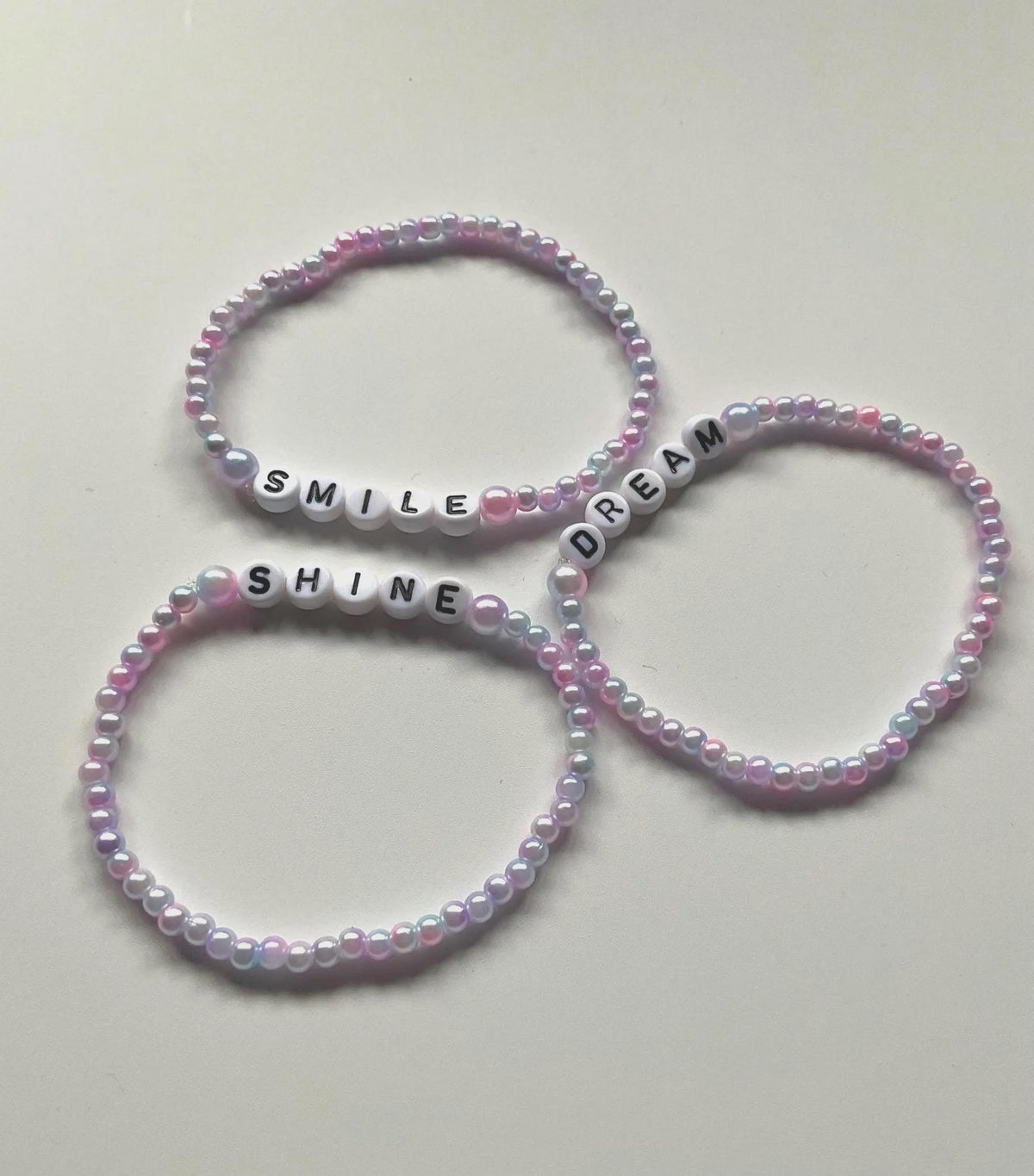 Smile Dream Shine Glass Bead bracelet stack, three bracelets, mixed colours