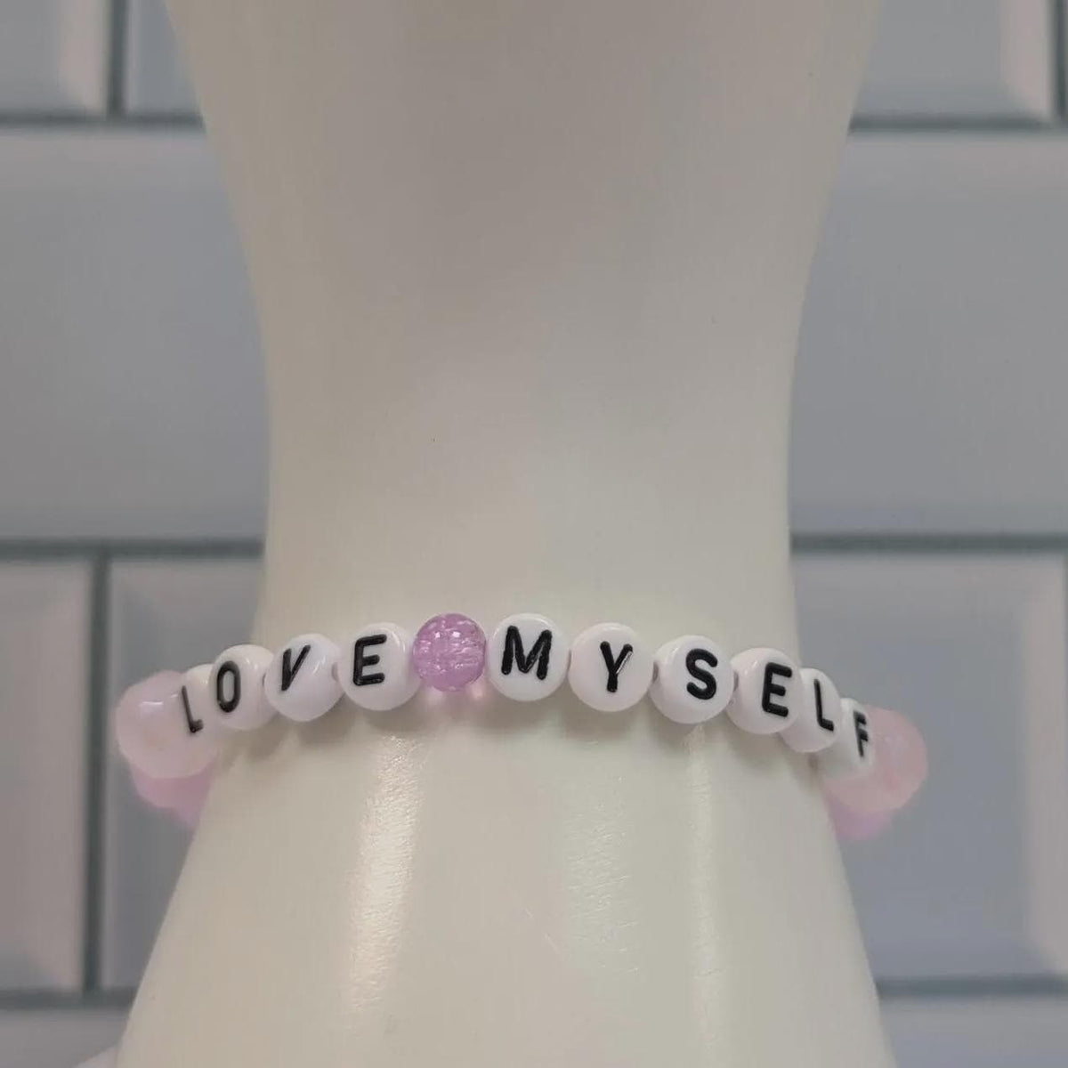 Love Myself glass bead bracelet, pink bead bracelet