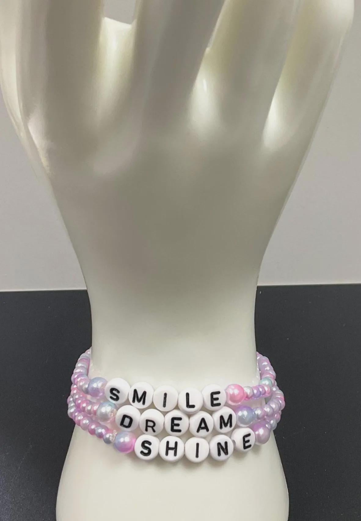 Smile Dream Shine Glass Bead bracelet stack, three bracelets, mixed colours