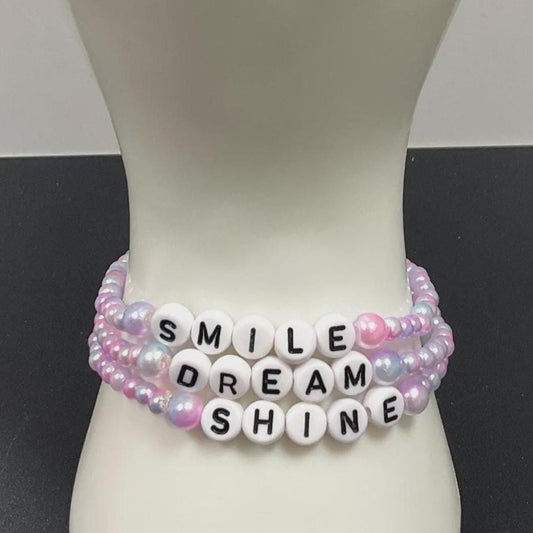 Smile Dream Shine Glass Bead bracelet stack, three bracelets, mixed colours